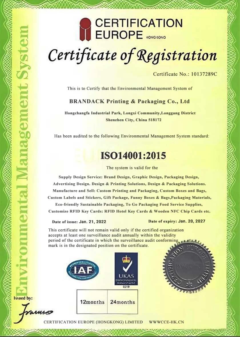 ISO14001:2015 환경 관리 시스템 인증서의 등록