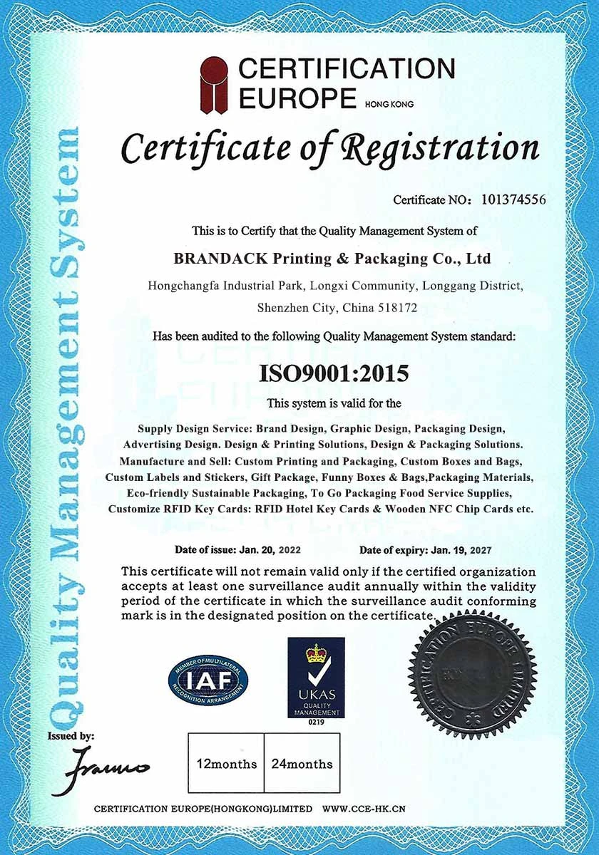 ISO9001:2015 품질 관리 시스템 인증서의 등록